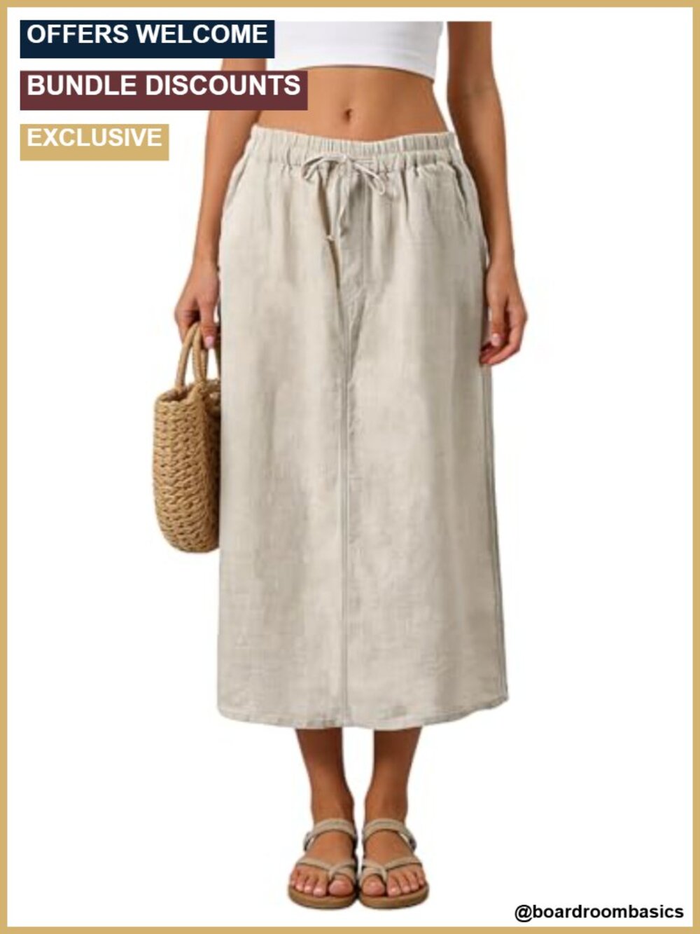 100% Linen Maxi Long Skirt with Pockets - Women's Elastic Waist A-Line
